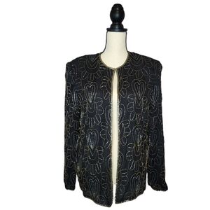 J.M.C. Jacket Beaded Vintage Evening Silk Black Gold And Ailvwr Beading Size M